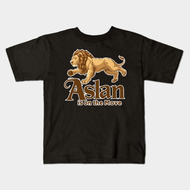 Aslan the Lion is on the Move Kids T-Shirt by Reformed Fire